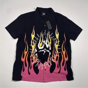 Ed Hardy Shirt Men Large Black Yellow Orange Pink Flames Tattoo Button Up NEW